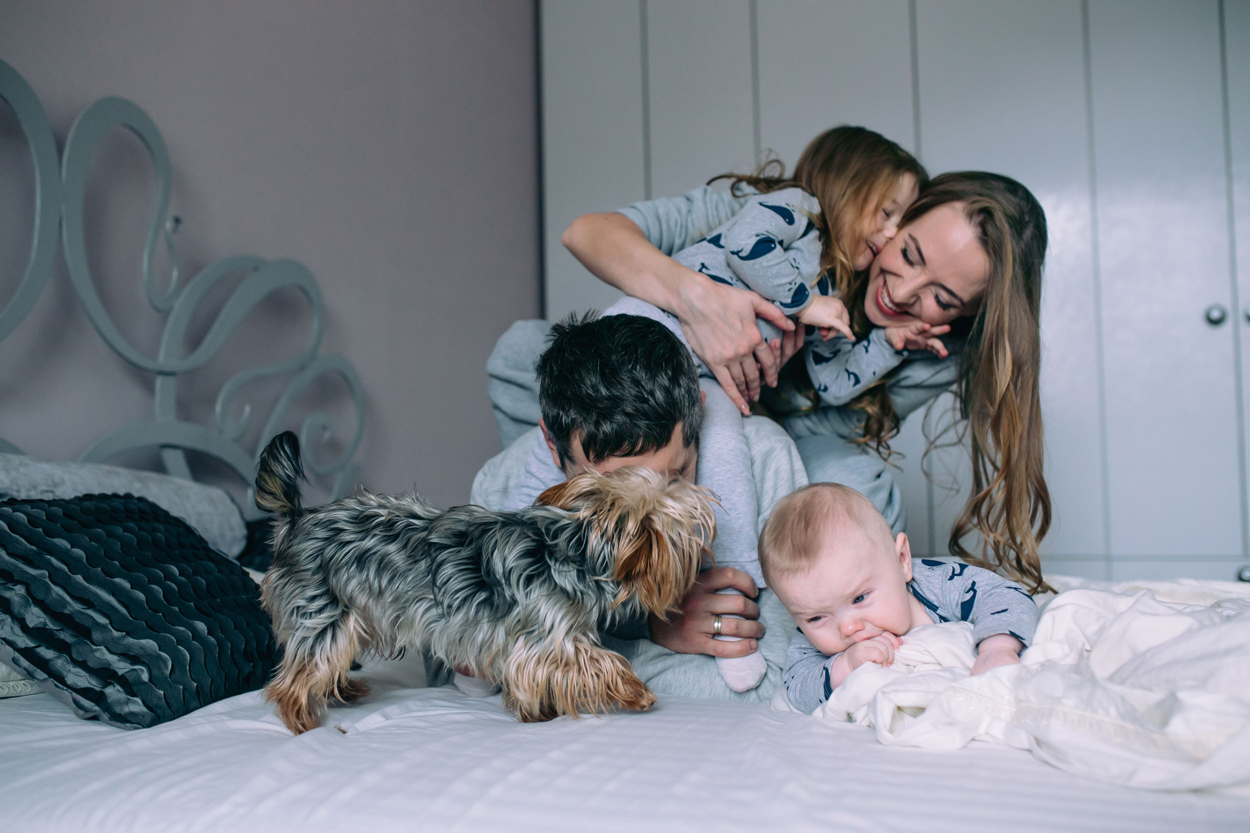 Family of 4 and dog playing on a bed